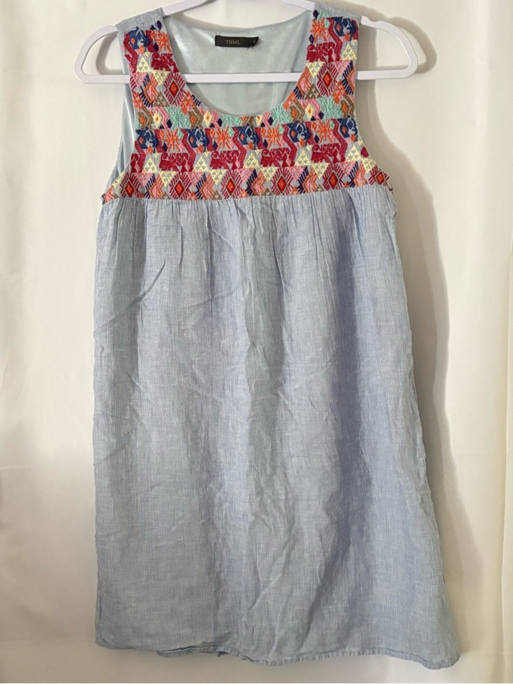 THML Light Blue Dress with Multicolor Embroidered Yoke